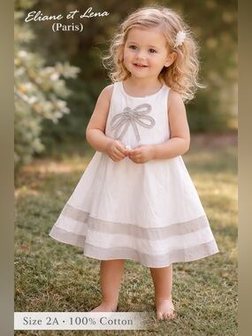 Eliane et Lena Paris Baby Girl Dress White‎ Bow Cotton 2A Flowy Cute